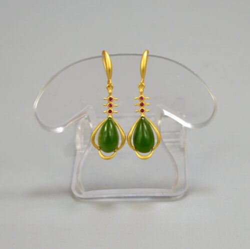 Natural green jade teardrop earrings