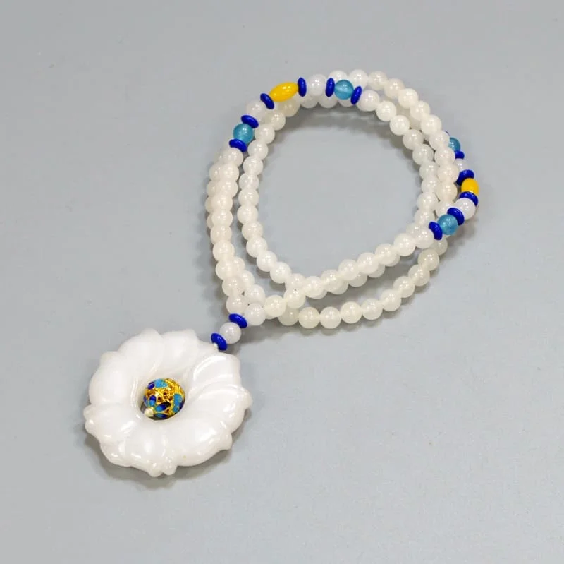 White Mountain Jade Beaded Handwoven Necklace on Platinum Chain, White Handmade Beaded hot Jewelry